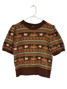 Bright & Beautiful Fair Isle Brown Fall Pumpkin Autumn Short Sleeve Sweater 1XL